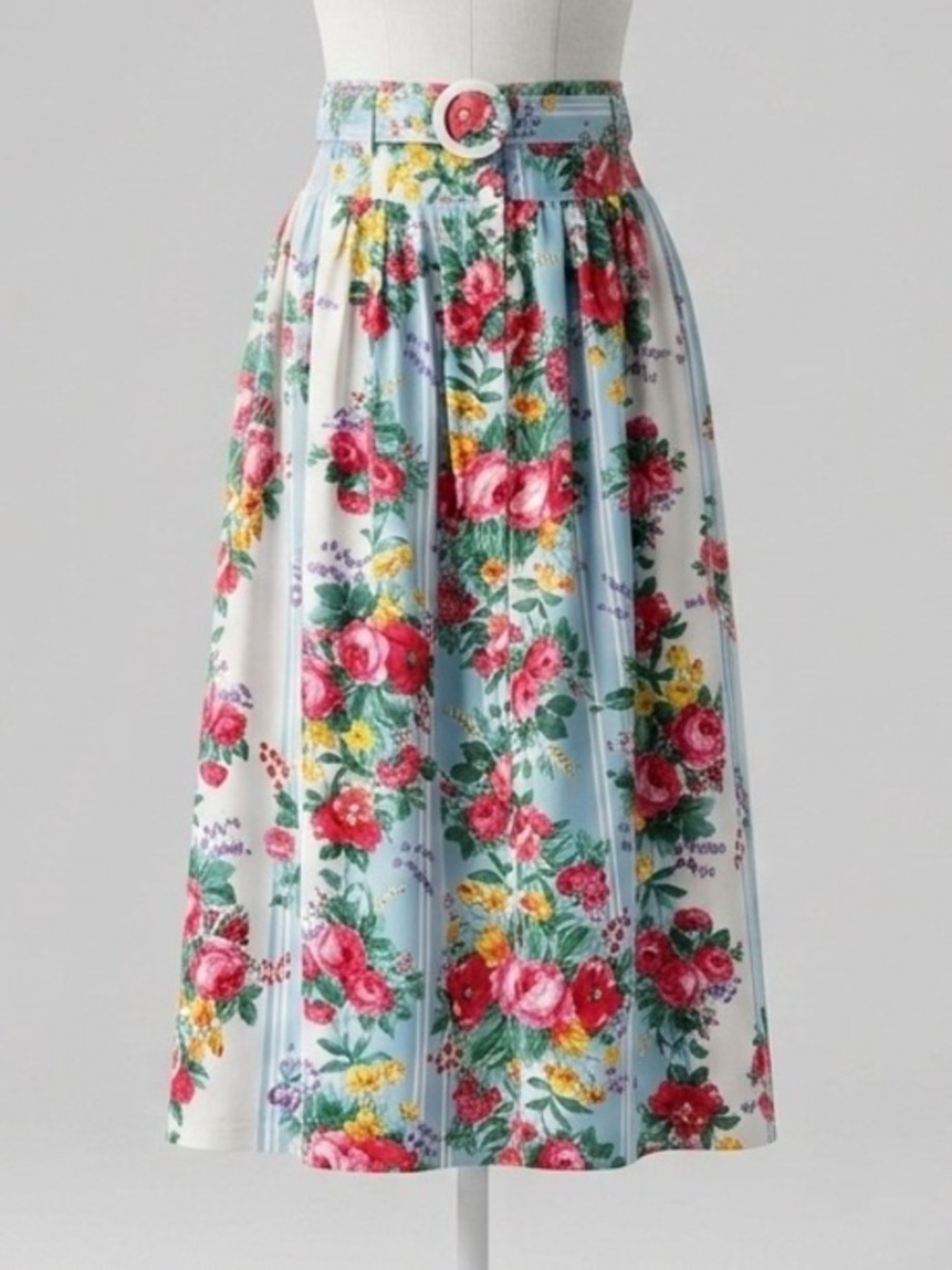 Vintage 90s Prairie Cottagecore Floral Striped Rayon Midi Skirt Belted Size 10